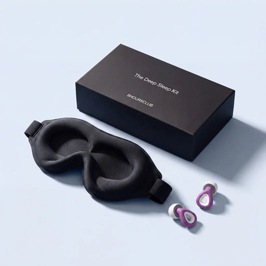 The Deep Sleep Kit box with contoured sleep mask and earplugs on a light blue background